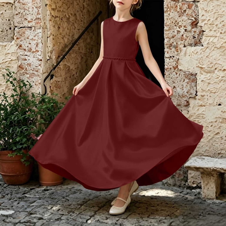 AHTJRT Bridesmaid Flower Dress for Girl V Back Bowknot Dresses A-Line Crewneck Sleeveless Cute Elegant Wedding Party Gowns Wine 11-12 Years