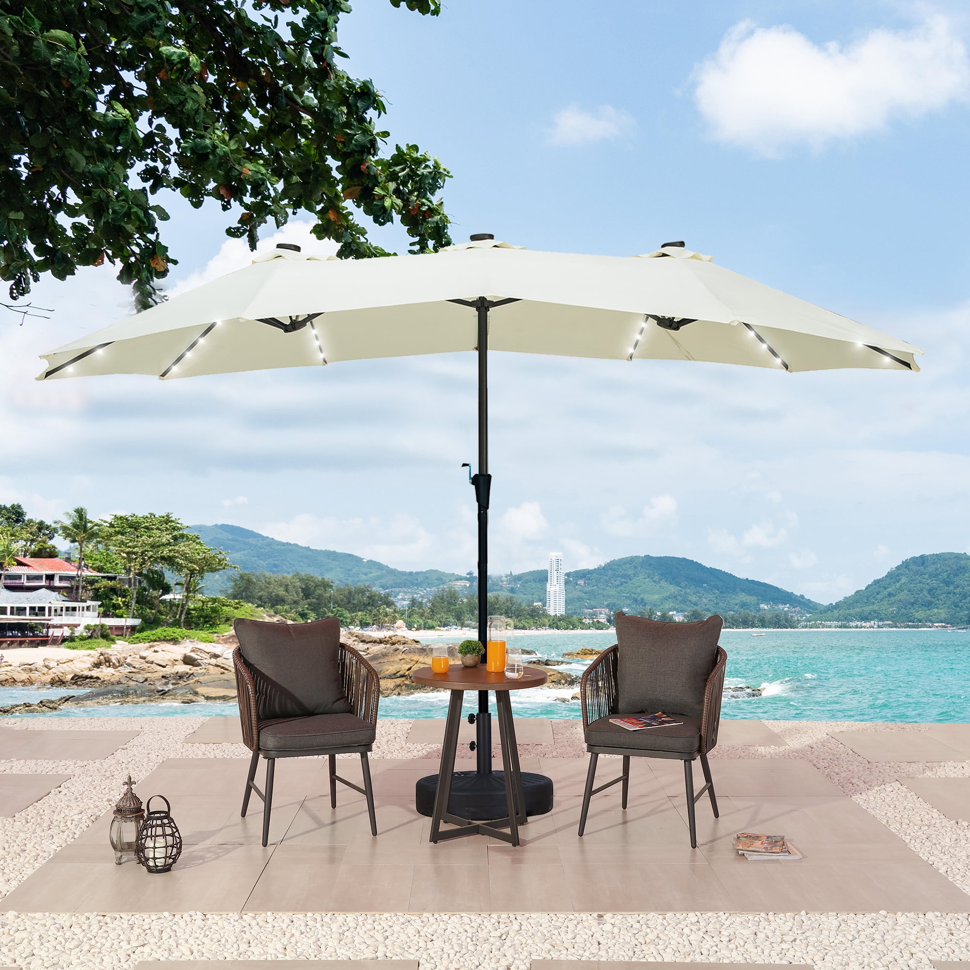 Autlaycil Table Umbrella 15FT Double-Sided Patio Umbrella W/ Solar Lights,  Outdoor Market Umbrella W/ Crank-Beige - Walmart.com