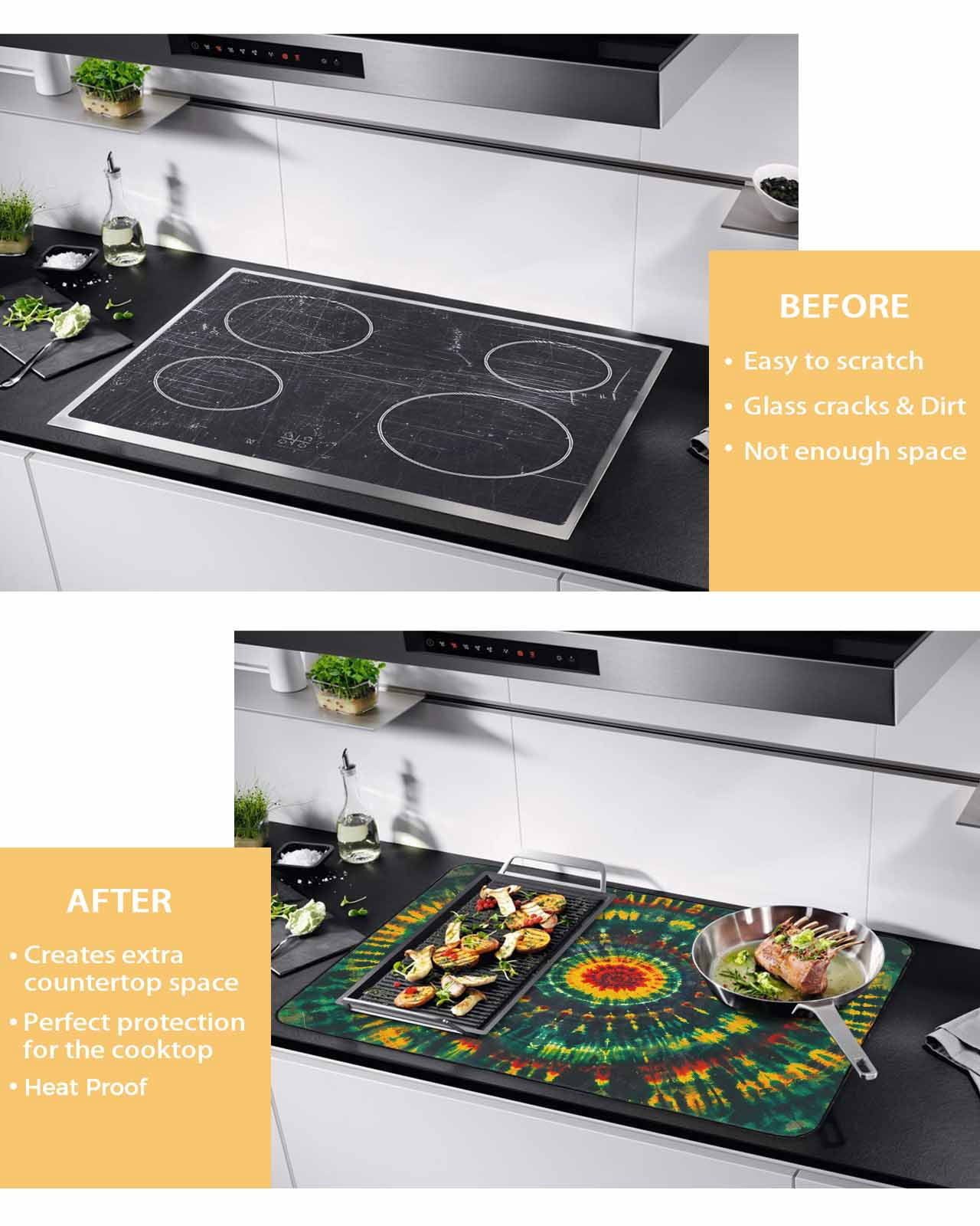 nqOlkjepod Large Induction Cooktop Protector Mat 36"x21", Tie Dye Boho Stove Top Covers for Electric Stove, Ethnic Colorful Ombre Abstract Aesthetic Stove Burner Cover Mats, Glass Top Stove Cover
