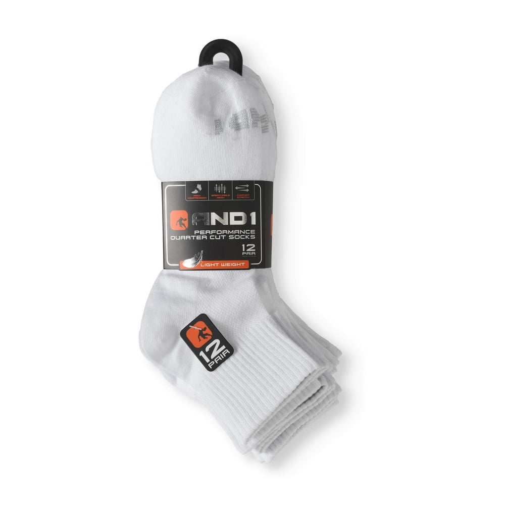 AND1 Men's Lightweight Quarter Cut Performance Socks, 12Pack