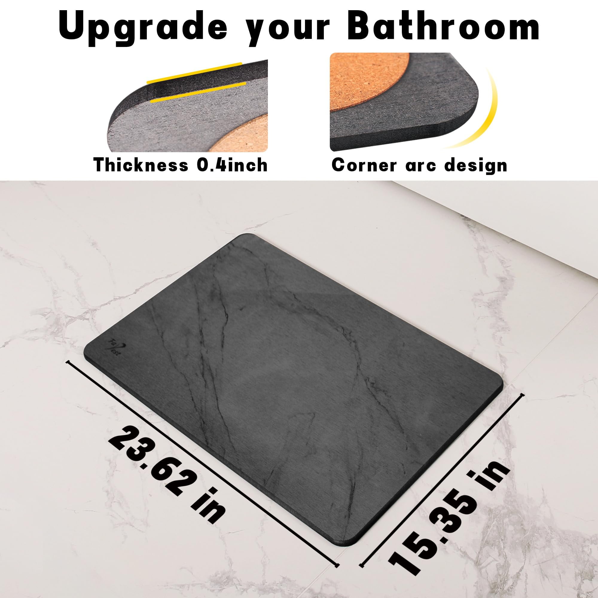 Stone Bath Mat, Diatomaceous Earth Fast-Drying & Absorbent Shower Mat, Non-Slip Diatomite Bathroom Floor Mat for Bathtub(23.6''×15.4" Gray Marble)