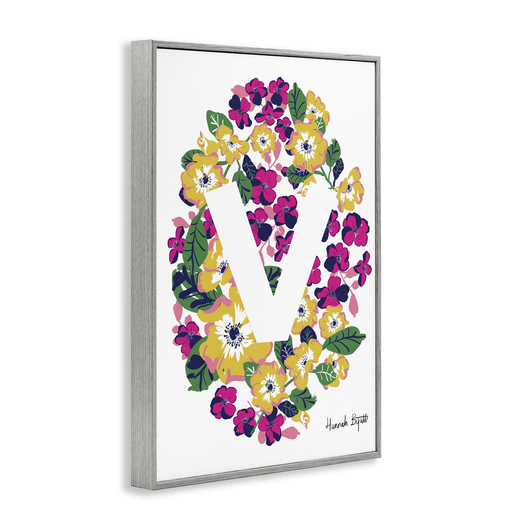 Stupell Industries Floral Bloom Letter V Botanical & Floral Painting Gray Framed Art Print Wall Art, 16 x 24
