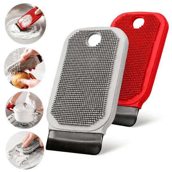 3-in-1 Silicone Dish Scrubber, BPA-Free Food-Grade Silicone Sponge for Dishes, Dual-Sided Cleaning Brush with Scraper, Hanging Fast-Dry Reusable Silicone Dish Brush for Dishes Fruits Vegetables