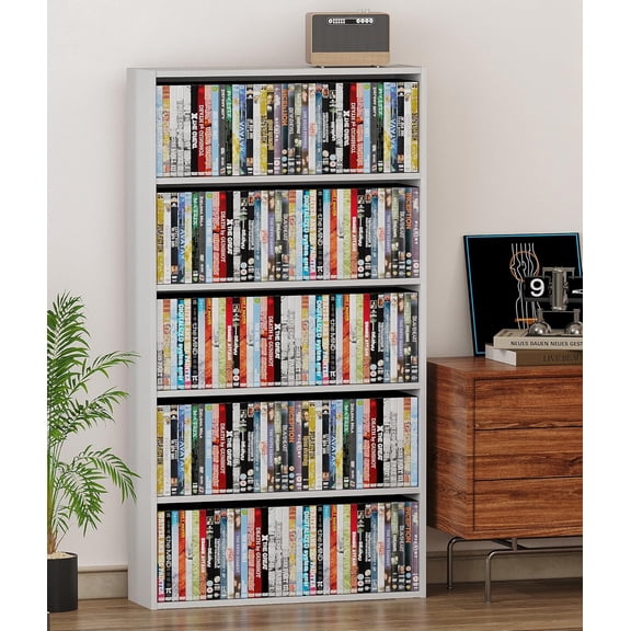 DVD Storage Rack Media Tower, 5 Tier Organizer Shelf for CDs, Video Games & Movies, Freestanding Cabinet for Living Room Home Office, Holds Up to 200+ DVDs (White)