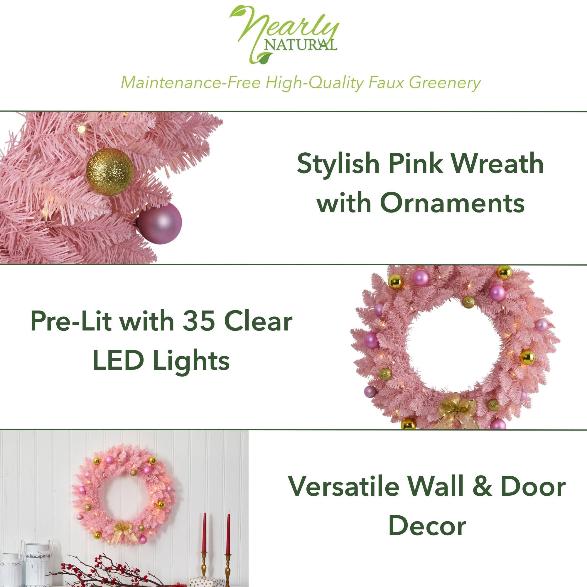 Nearly Natural 24" Pink Artificial Christmas Wreath with 35 LED Lights and Ornaments