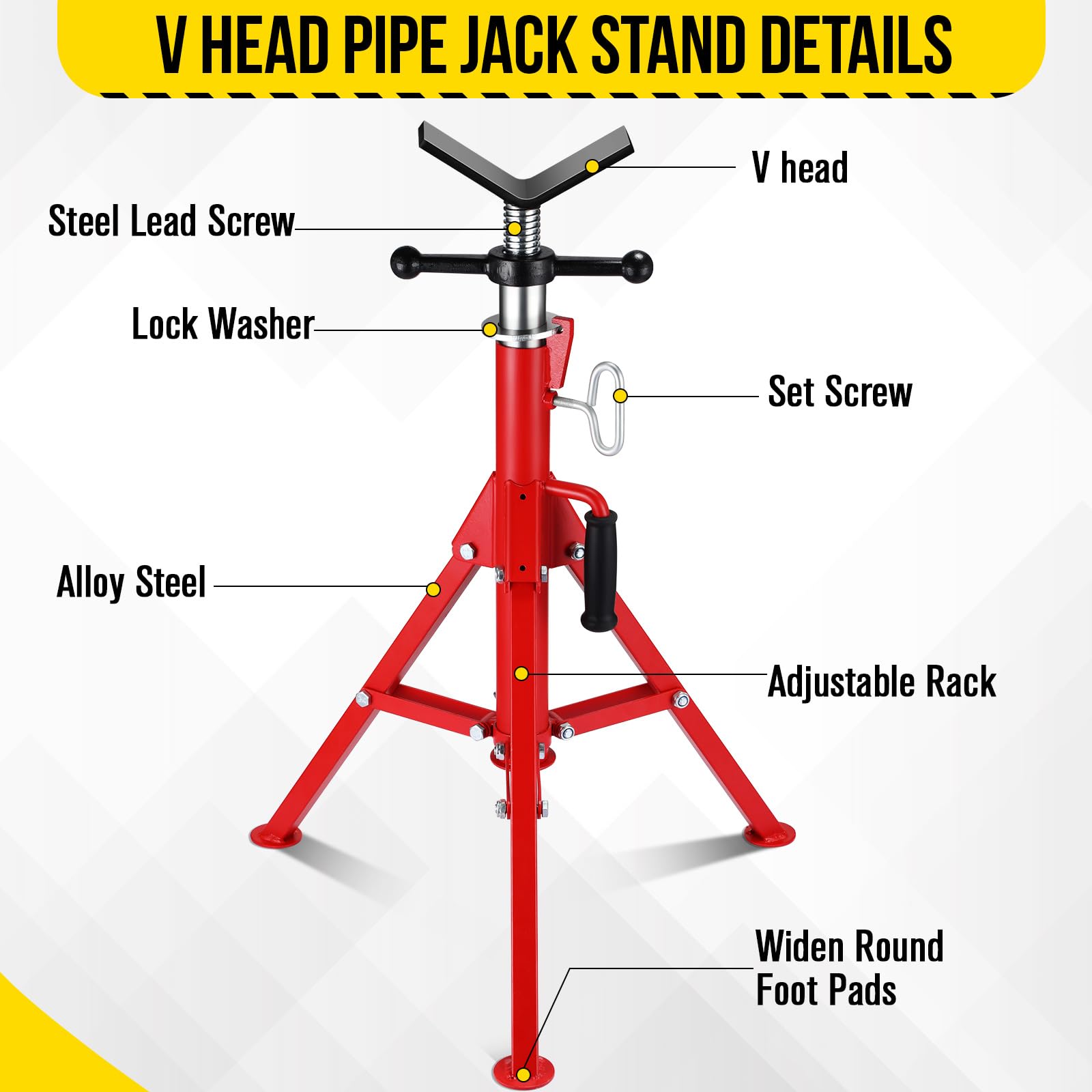 Mescukay 2500 LBS V-Head Pipe Jack Stand, Heavy Duty Steel Jack Stands with Folding Legs, 28"-52" Adjustable Height Portable Tripod Pipe Stands for Welding, Pipe Threading