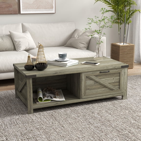 HOMCOM Farmhouse Coffee Table with Storage Drawer and Open Shelf, Rustic Coffee Table for Living Room, Gray