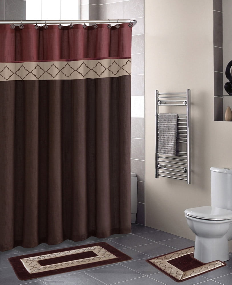 Winry Burgundy & Brown 15-PC Bathroom Accessory Set 2 Bath Mats Shower Curtain 