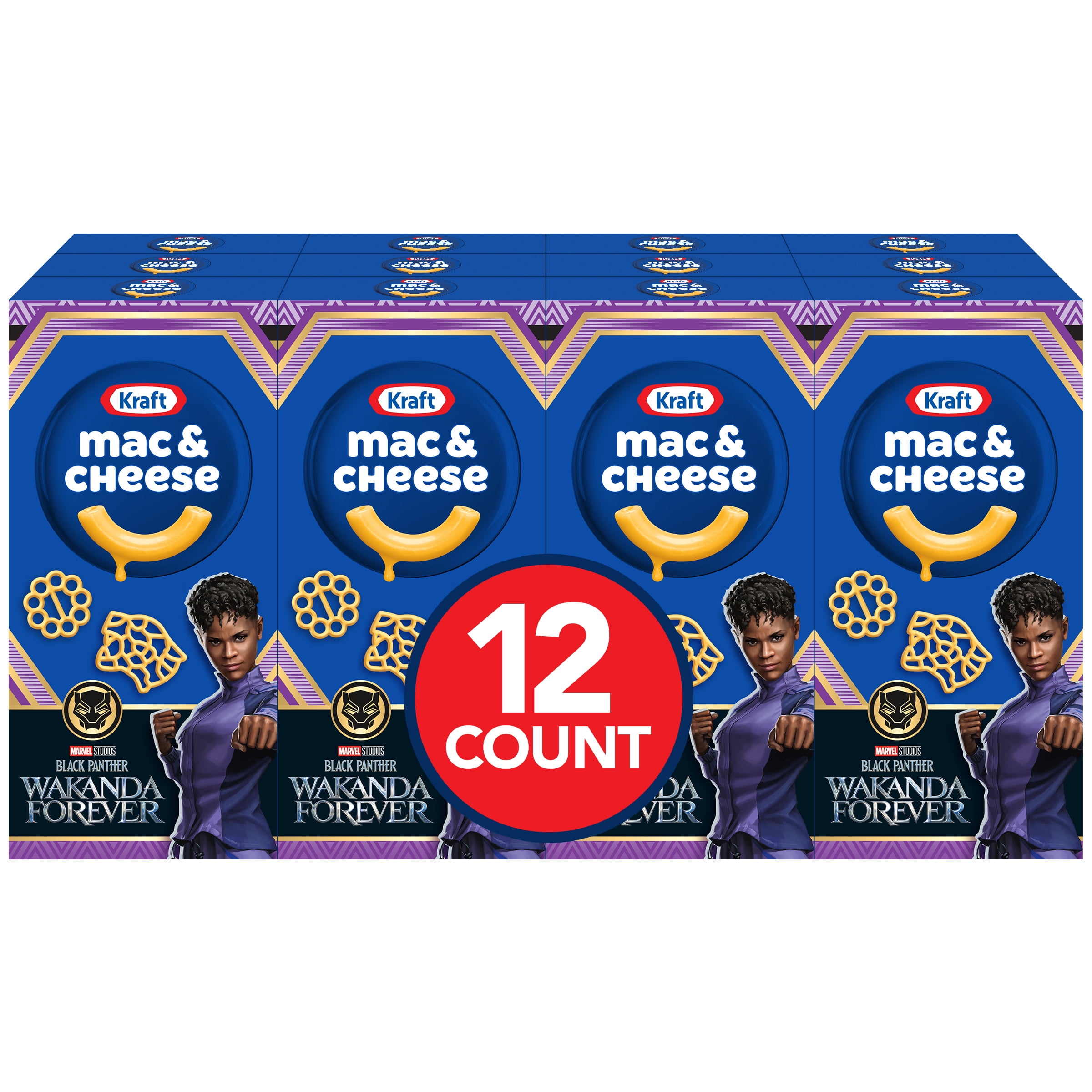 Kraft Mac N Cheese Macaroni and Cheese Dinner Black Panther: Wakanda Forever Pasta Shapes, 12 ct Pack, 5.5 oz Boxes
