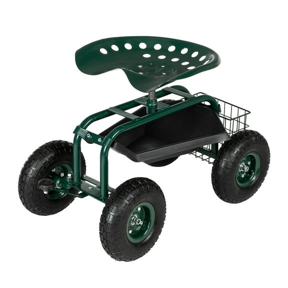 360° Swivel Seat Garden Cart w/ Tool Tray - 330Lbs Capacity, 10" Tires, Height Adjustable & Steel Frame - Green