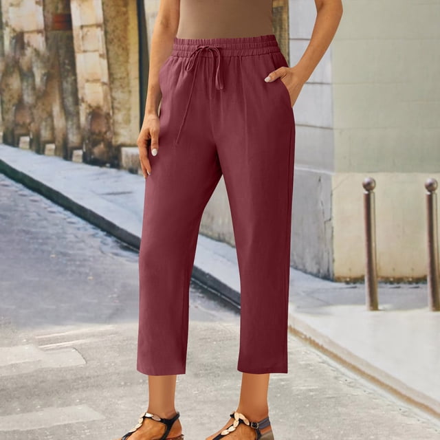 JMKQLZ Women'S Spring Solid Color Lace-Up With Cotton And Linen All Straight Leg Casual Pants