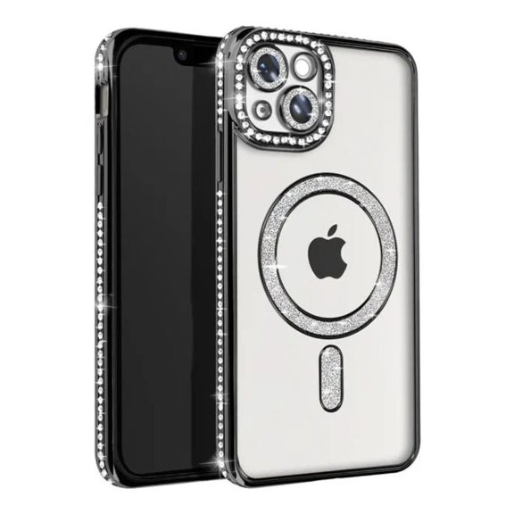 Entronix Magnetic Clear Case Compatible with iPhone 15, Sparkly Crystal Cover, Black