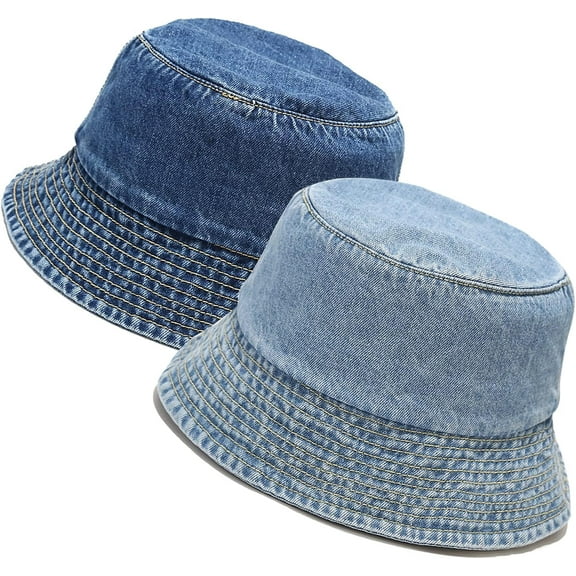 Unisex 2 Pack Denim Bucket Hat Packable Cotton Beach Sun Hat for Men Women