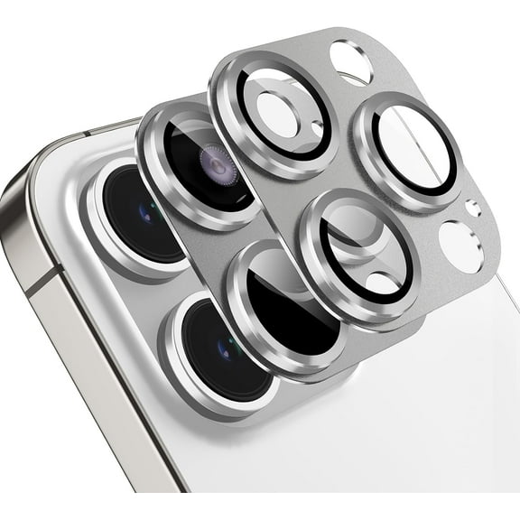 2 Pack for iPhone 15 Pro/iPhone 15 Pro Max Camera Lens Protector, [Drop Protection] 9H Tempered Glass Camera Cover Screen Metal Ring Case Friendly Scratch Resist [Integrated Version]- Silver