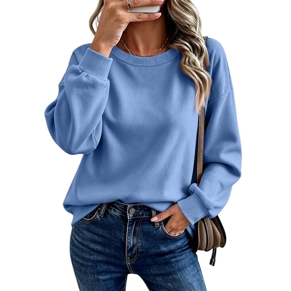 Women's Crew Neck Long Sleeve Sweatshirt Ribbed Hem Loose Silhouette Solid Color Pullover for Home Lounge Casual Rest Wear Sky Blue XL
