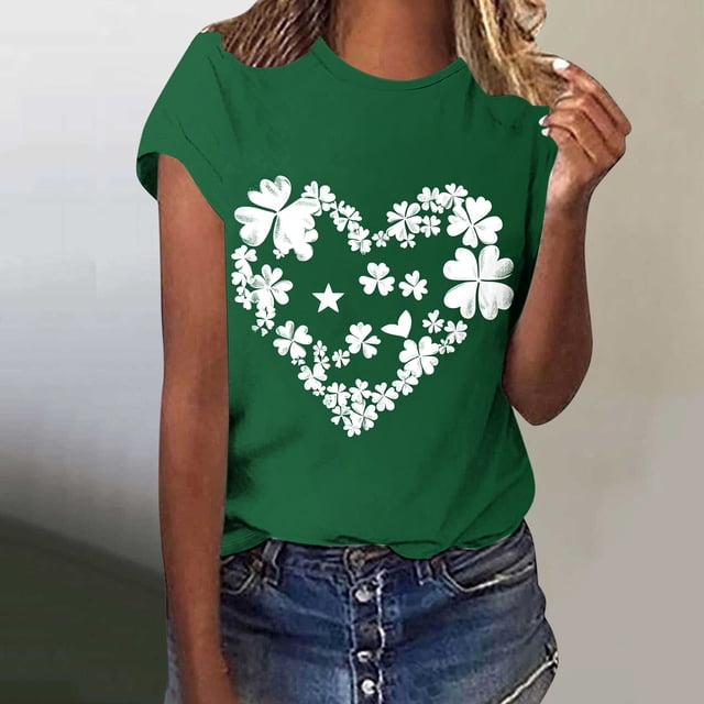 Uootdi T-Shirts à Manches Courtes pour Femmes Col Rond Trèfle Graphique Usé Hauts Décontractés pour Tous les Jours Cadeau de Célébration