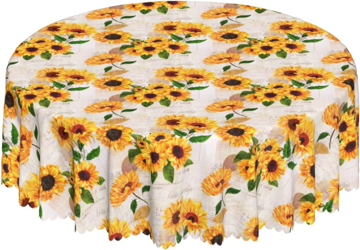 Vintage Sunflower Round Tablecloth 60 Inch, Tablecloths Stain Resistant waterproof spill proof