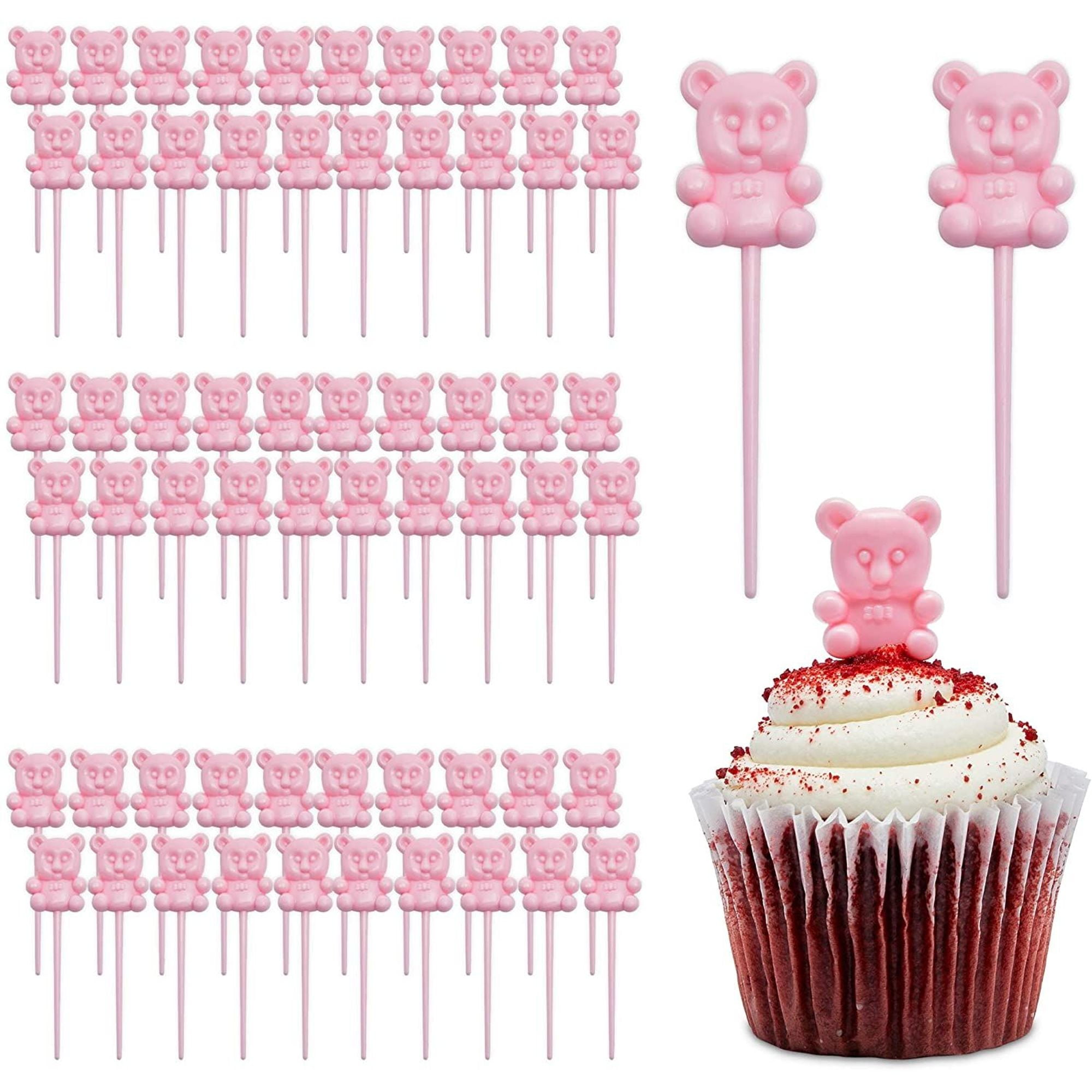 100 Pack Pink Teddy Bear Cupcake Toppers for Girl Baby Shower & 1st