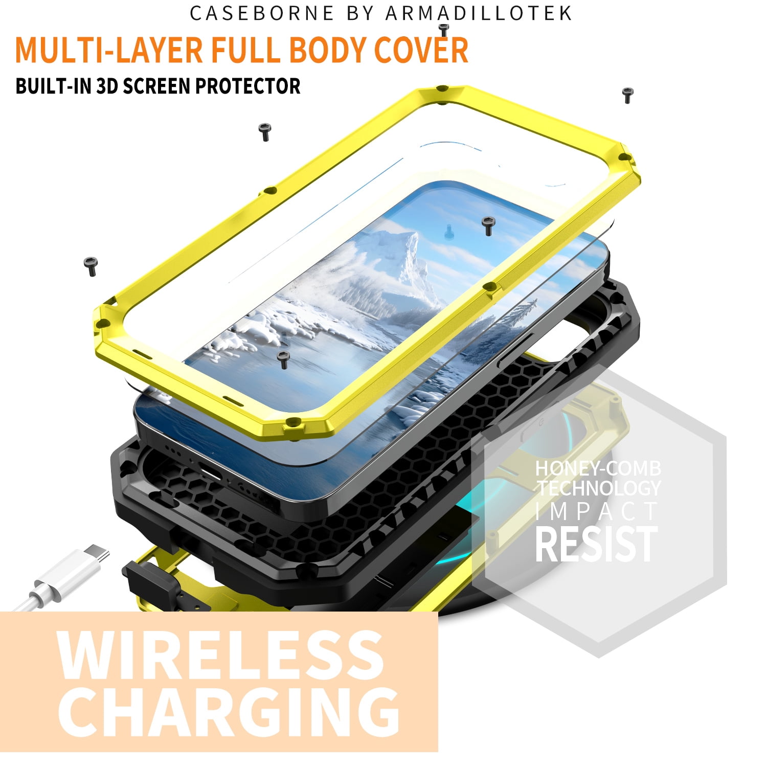 Dteck for iPhone 16E Case with Camera Cover Sliding, Heavy Duty Protection Rugged Screw Full Body Military Grade Metal Rubber with Stand Hard Built in Screen Protector for iPhone 16e 2025,Yellow