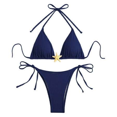 JIANJIA Womens Swimsuits Solid Color Sexy Lace Up Halter Backless Brassiere With Thongs Swimsuit Two Piece Bikinis Swimwears Bathing Suits Blue M