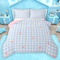 Homewish Cute Bow Ribbon Bedding Comforter Set,Geometric Checkered Grid Twin Comforter Sets,Pink Blue White Bedding Set For Girls Boys,Luxury Bedroom Decor Reversible,2-Piece