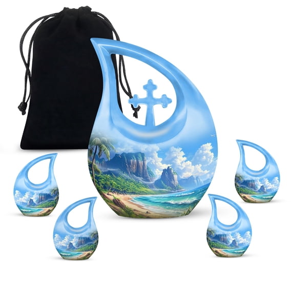 MUKTIVE Combo Sets (1 Large 10 ", 4 Keepsake 3 ") Beach,themed Cremation Urn for Human Ashes, Decorative Funeral & Burial Urn for Adults, Memorial Gift for Grandfather & Grandmother