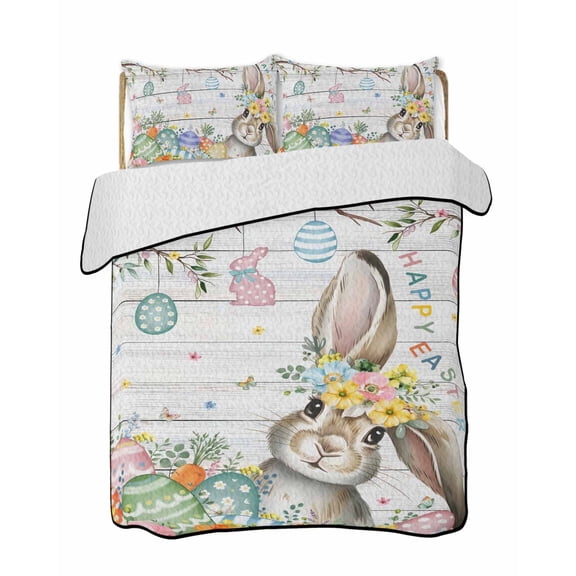 Quilt King Size Bedding Set, Gray Easter Bunny Reversible Summer Quilt 3 Pieces, Spring Easter Eggs Floral Wooden Lightweight Bedspreads Coverlets with 2 Pillow Shams for All Seasons