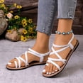 thumbnail image 3 of Gladiator Sandals for Women Braided Crooss Strappy Flip Flops Elastic Ankle Strap Casual Beach Flat Shoes White Size 8, 3 of 5