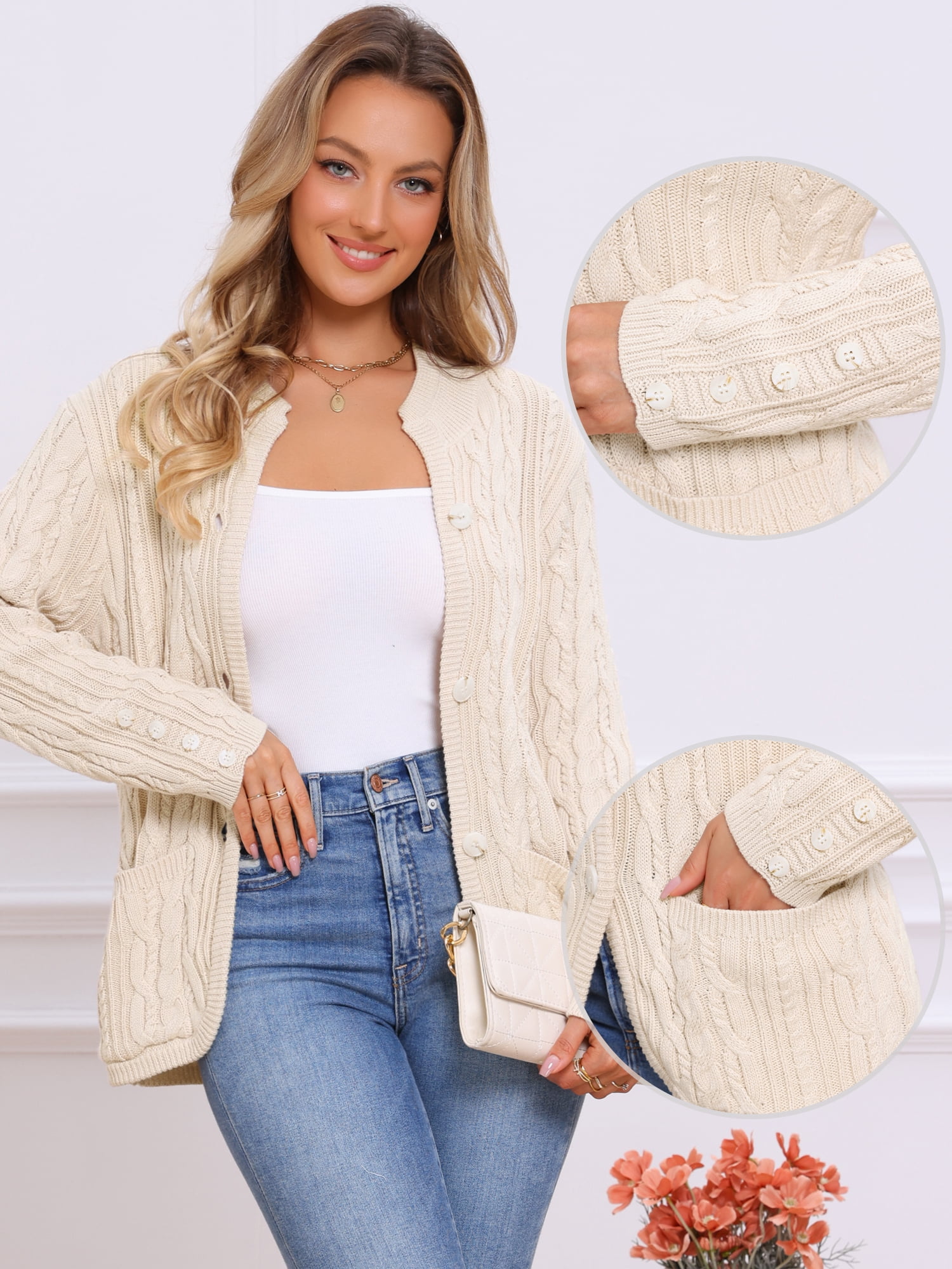 DARING DIVA Women's Cable Knit Open Front Button Up Cardigan Sweaters XL Beige