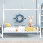 iRerts Metal Full Size House Bed Frame, Kids Full Bed Frame with Metal Slats, Kids Toddlers Tent Bed Frame Full Size for Boys Girls, Full Bed Frame No Box Spring Needed for Bedroom, White