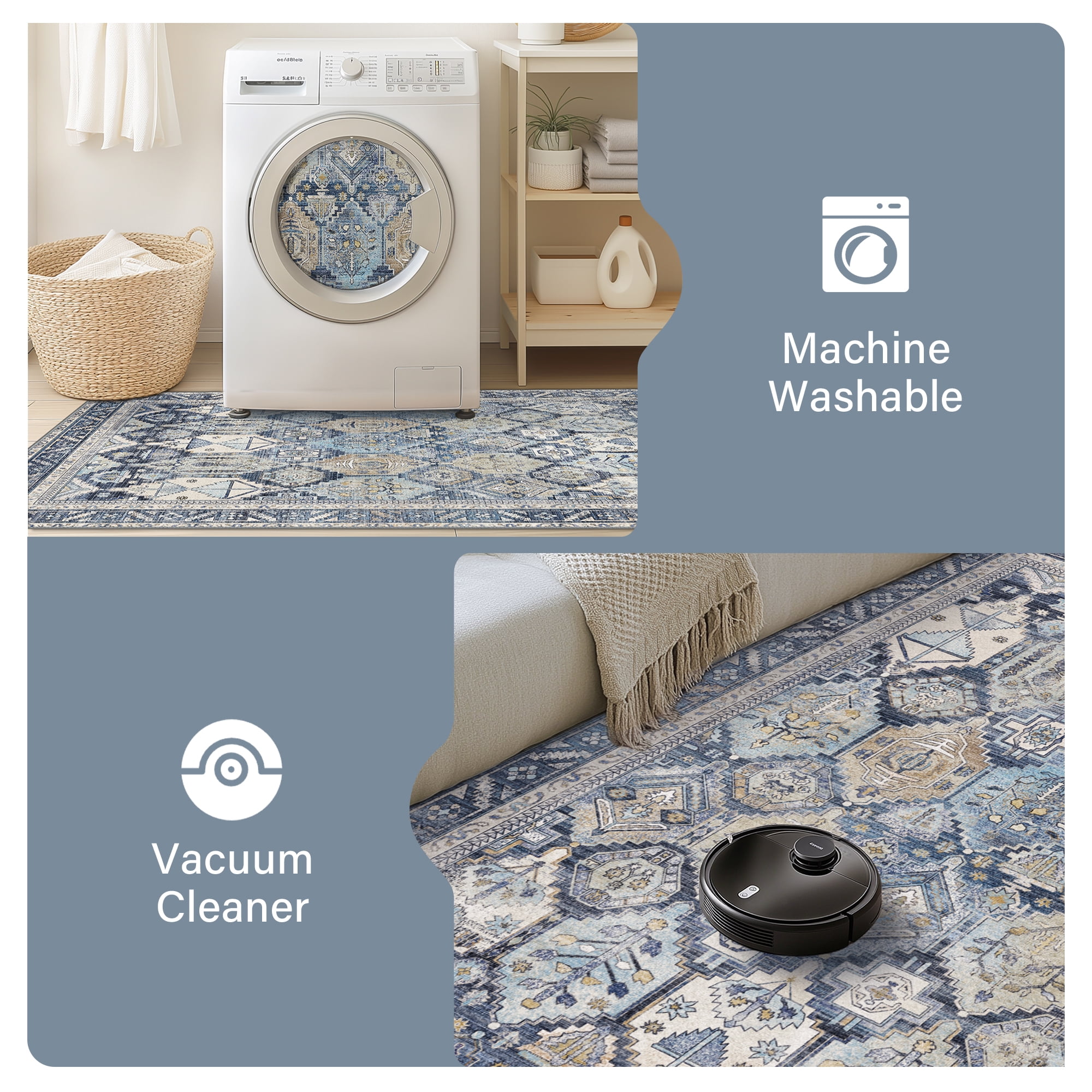 KUETH 9'x12' Area Rugs for Living Room, Ultra-thin Non Slip Machine Washable Vintage Indoor Rug, Low Pile Chenille Print Rug for Bedroom Dining Room Home Office
