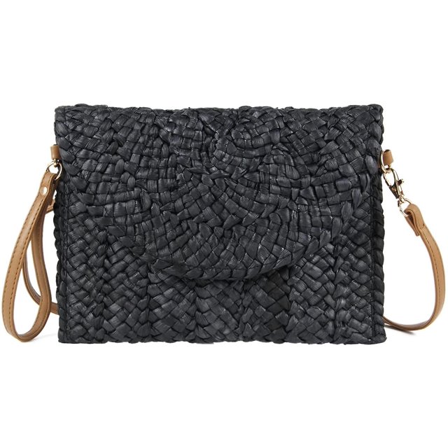 Bolso de paja para mujer, bolso de hombro de paja para verano, bolso de playa, bolso de mano negro