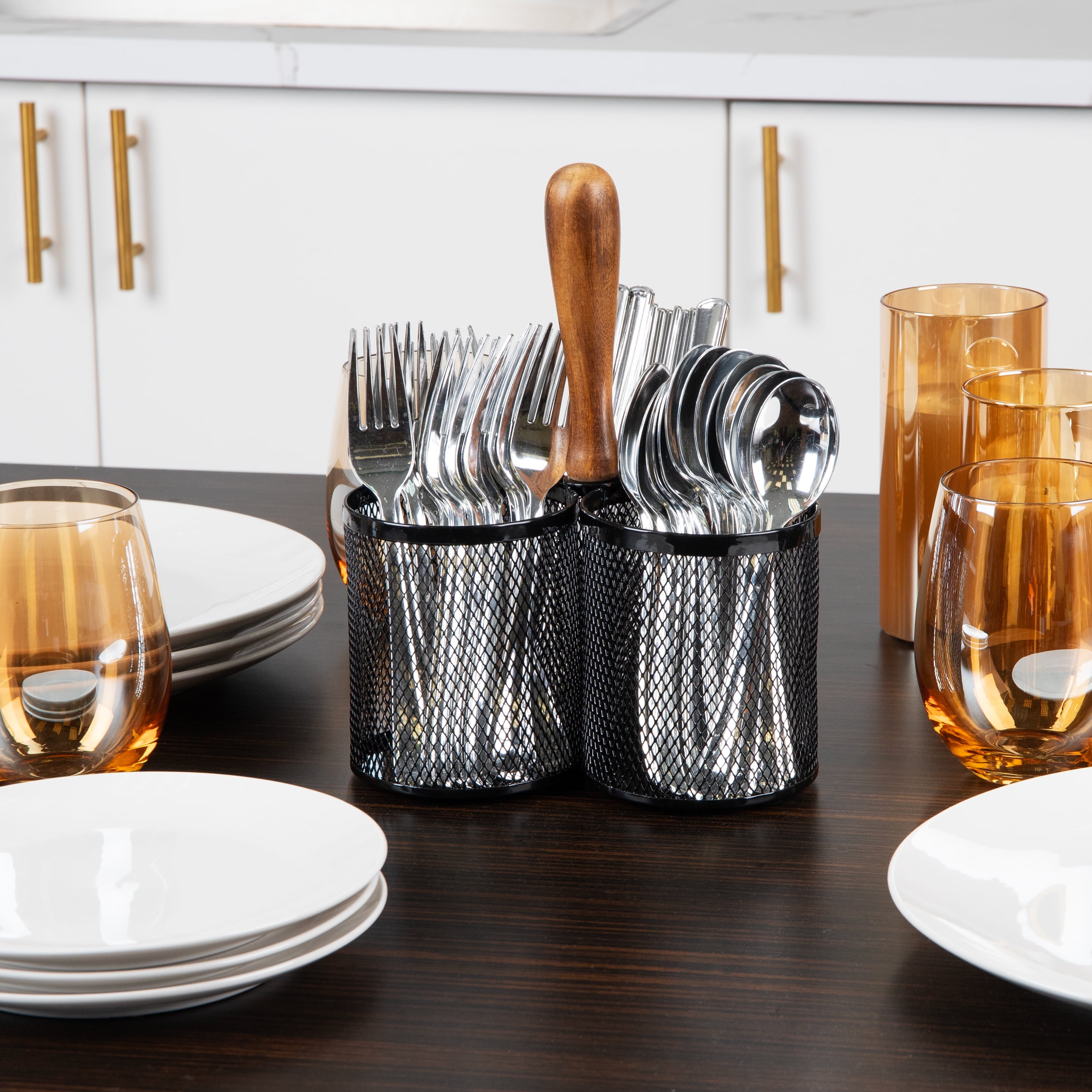Mind Reader Utensil Holder, Silverware Organizer, Caddy, Metal, 7.5"L x 7.5"W x 9.75"Height, Black
