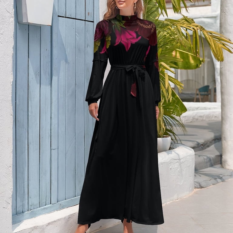 Antique dark red roses and other flowers on black Long Dress loose women's dress  long sleeve dresses - Walmart.com