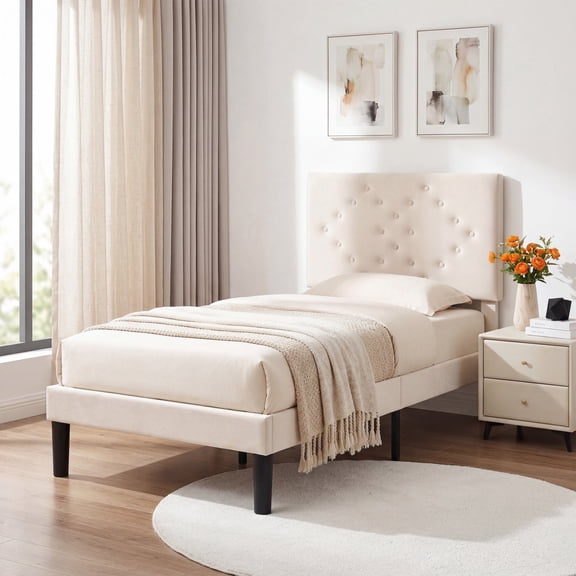edx Upholstered Twin Bed Frame with Height-Adjustable Headboard and Crystal Buckle Accents, Beige