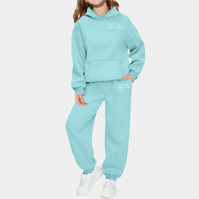 Sudadera con capucha larga con estampado pequeño en forma de corazón para niños y pantalones deportivos con lazo en las piernas, conjunto deportivo informal de dos piezas con forro polar para mayor ca
