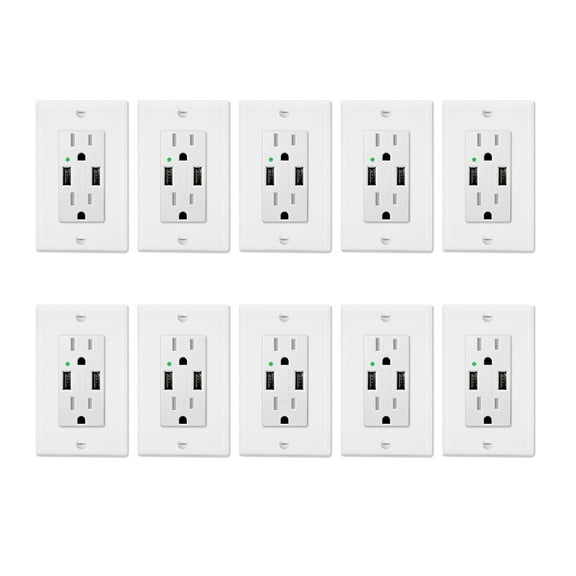 Greencycle 4.2A USB Receptacle Outlet with Dual USB Charging Ports and 2 Tamper-Resistant AC Sockets (15A/125V/1875W), Wall Plate Included, UL listed, 10-Pack, White