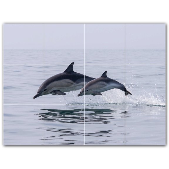 Picture-Tiles.com: Dolphin Ceramic Tile Wall Mural WAL500527-43S. 17"W x 12.75"H using (12) 4.25" x 4.25" Ceramic Tiles-Satin Finish