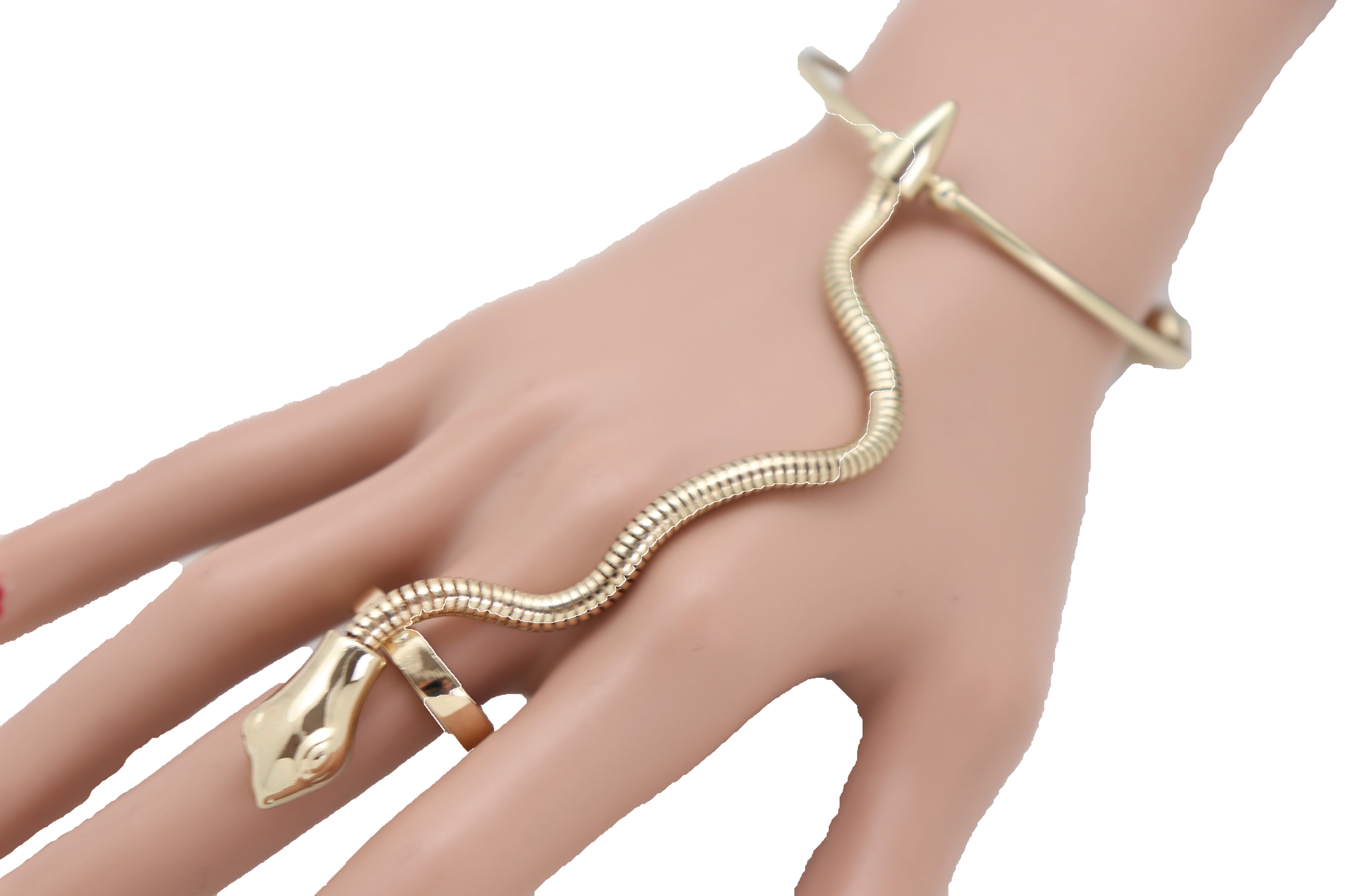 Women Bracelet Gold Metal Hand Chain Snake Ring Size 8 