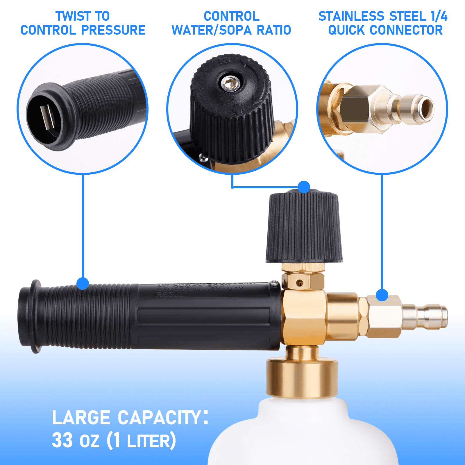 Bottle Snow Foam Lance Foam Cannon 1 L with 1/4’’ Quick Connector and 2 Pressure Washer Spray Nozzle Tips (12)