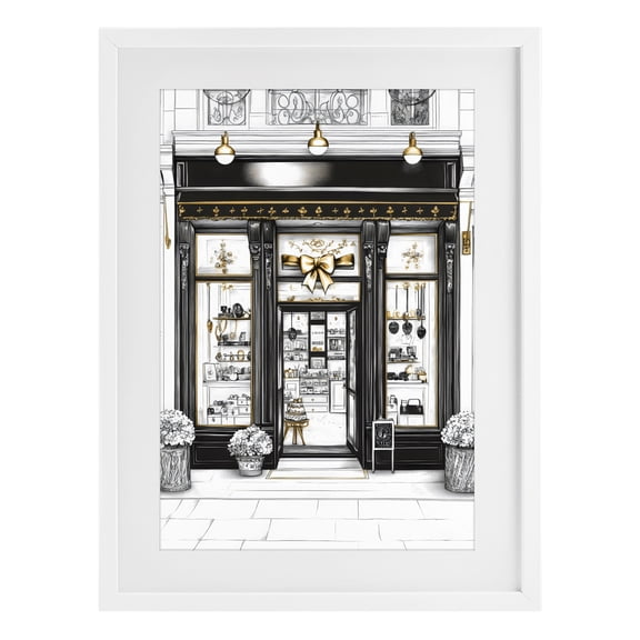 Stupell Industries Art Deco Glam Paris Shop Facade White Framed Print Under Glass, 17 x 23, by Petals Prints Design