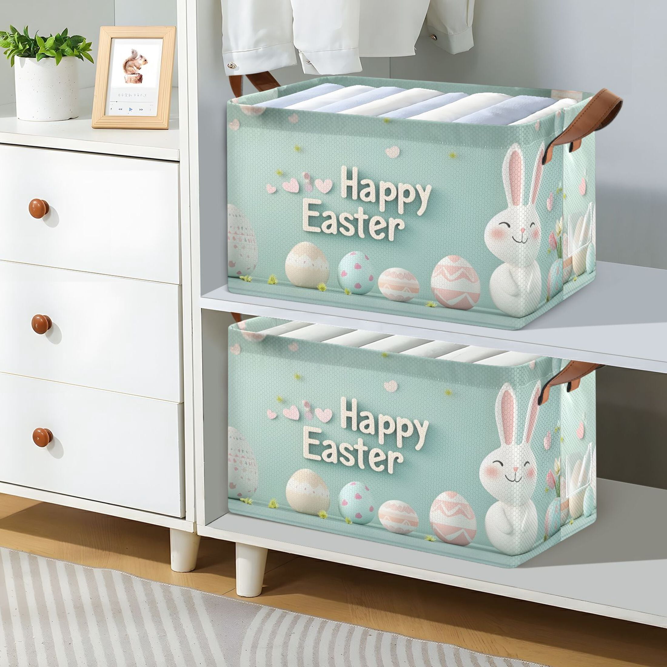 Ryvnso Cute Easter Bunny and Eggs Storage Bins Large Basket Foldable Cube Toys Organizer with Handles 2 PCs