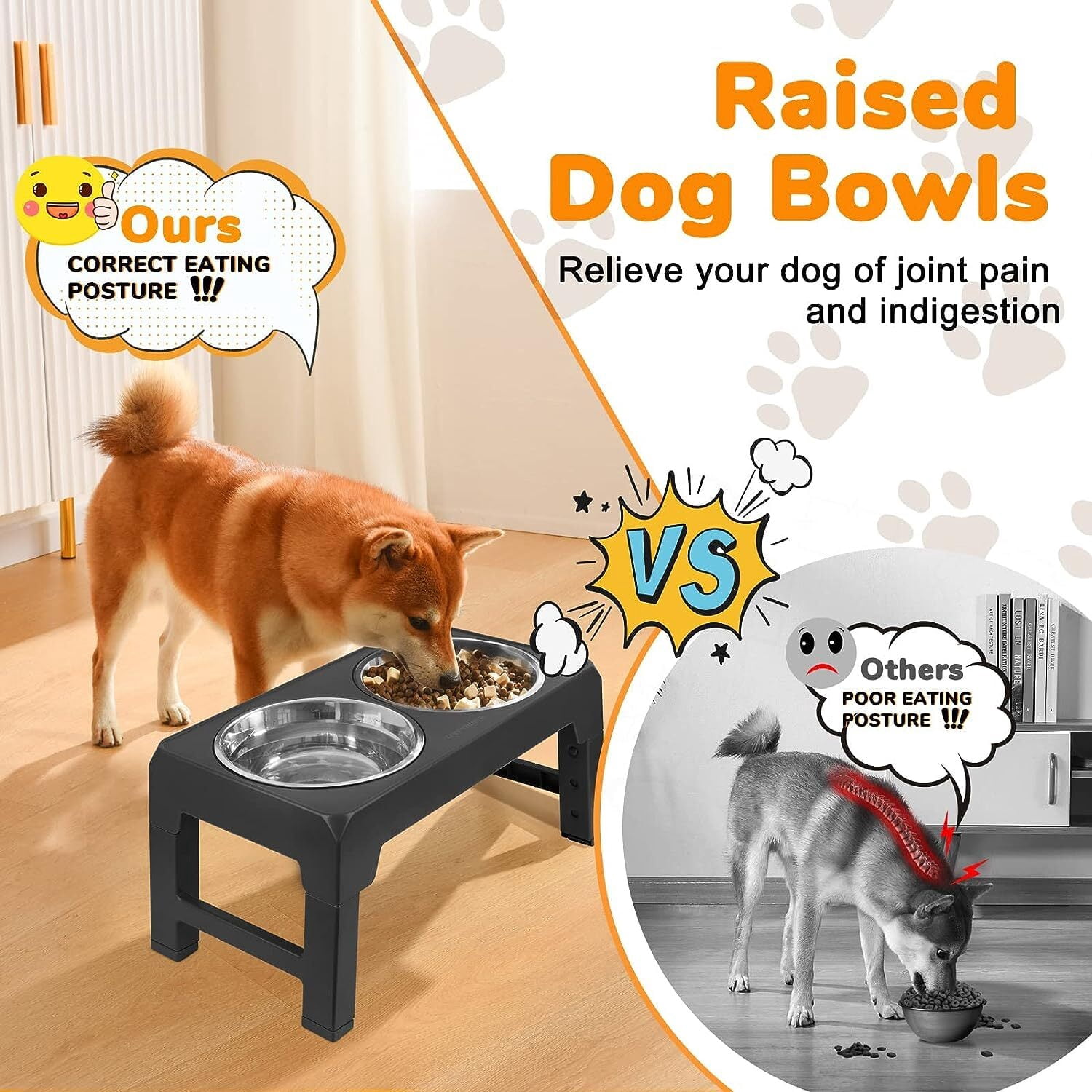 Elevated Dog Feeder Bowls Stand with 2 Stainless Steel Dishes, Raised Dog Bowl Adjusts to 4 Heights for Medium and Large Dogs or Cats（Black）