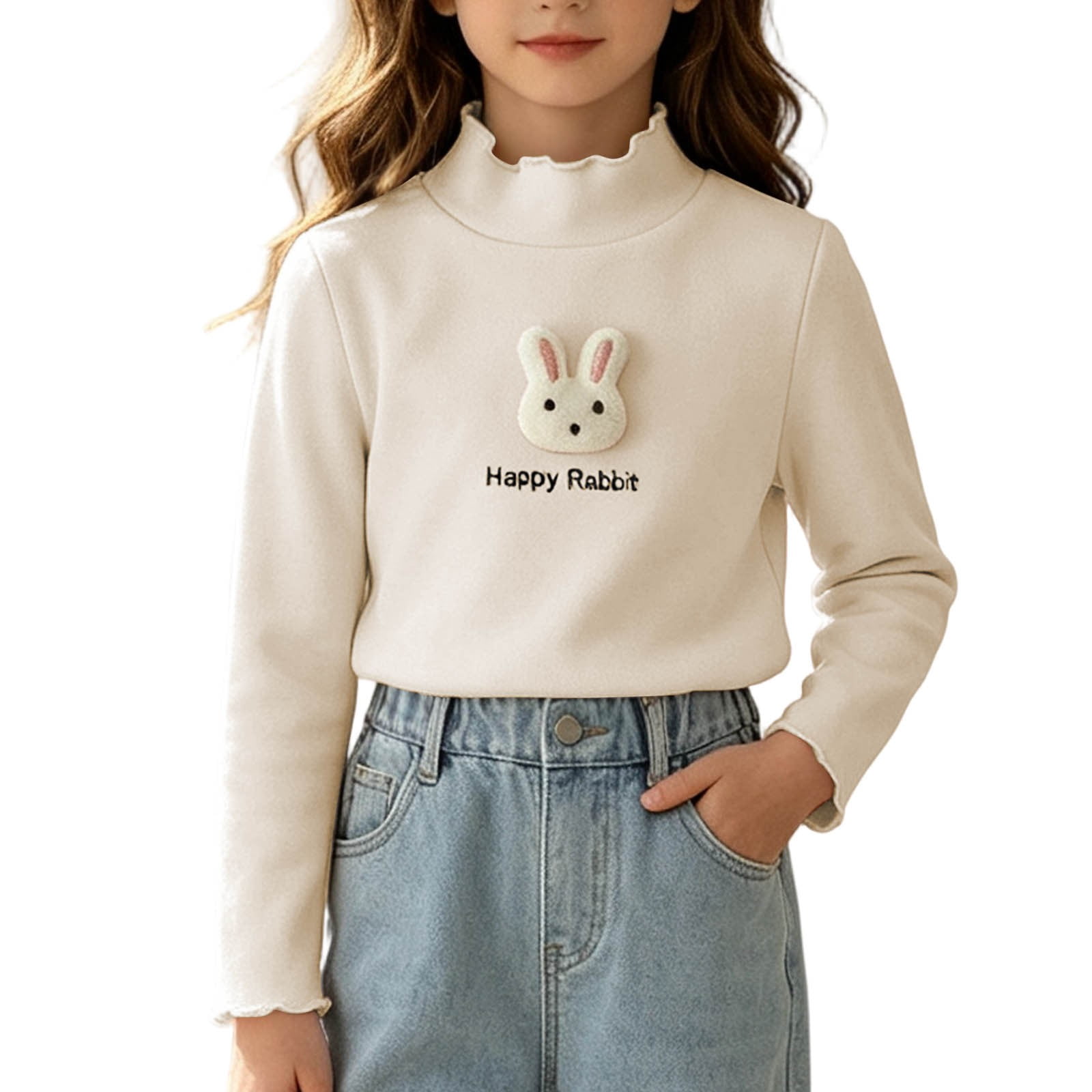 Yeaiivve Toddler Girls Long Sleeve Tops Ruffle Mock Neck Happy Rabbit Graphic Cute Tees Fall Casual T-Shirts Thin Fleece Thermal Undershirts for Kids Beige 2-3 Years