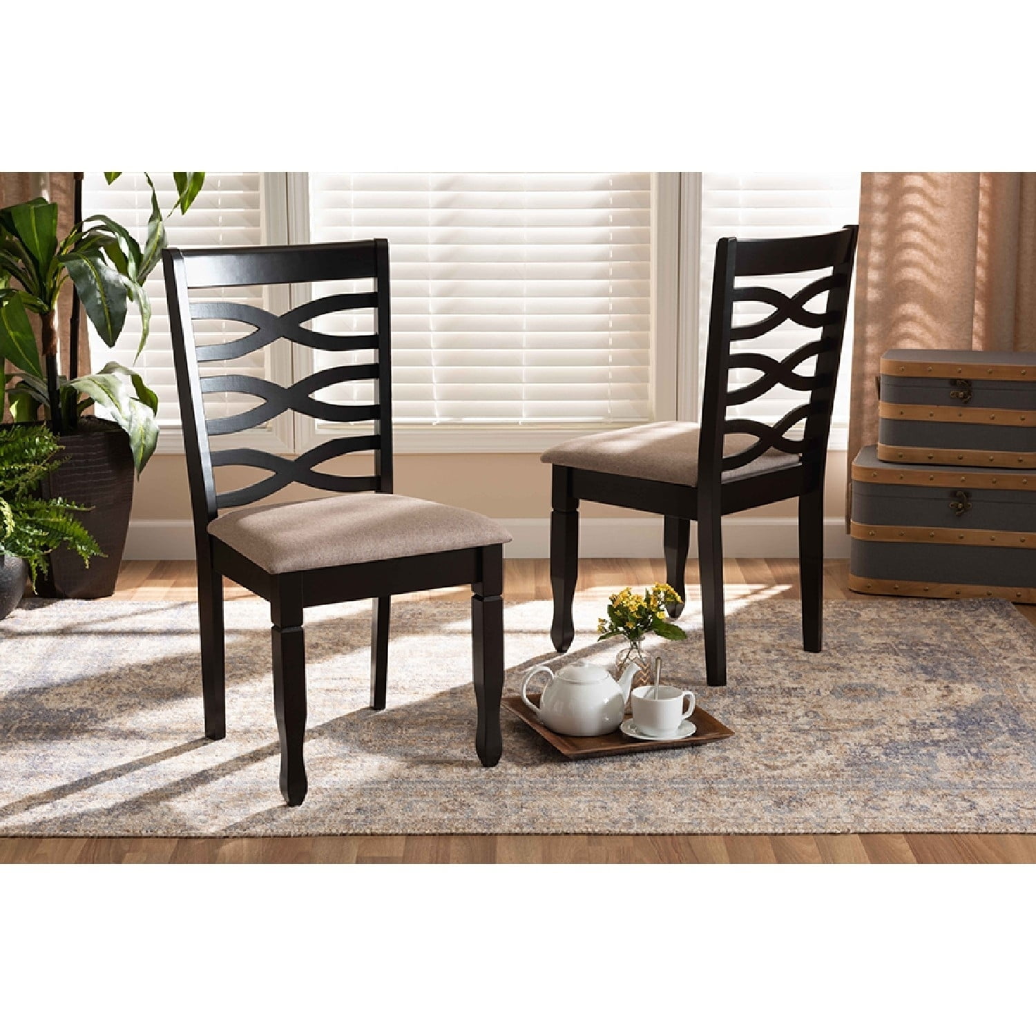 Baxton Studio Lanier Modern and Contemporary Sand Fabric Upholstered Dark Brown Finished 2-Piece Wood Dining Chair Set