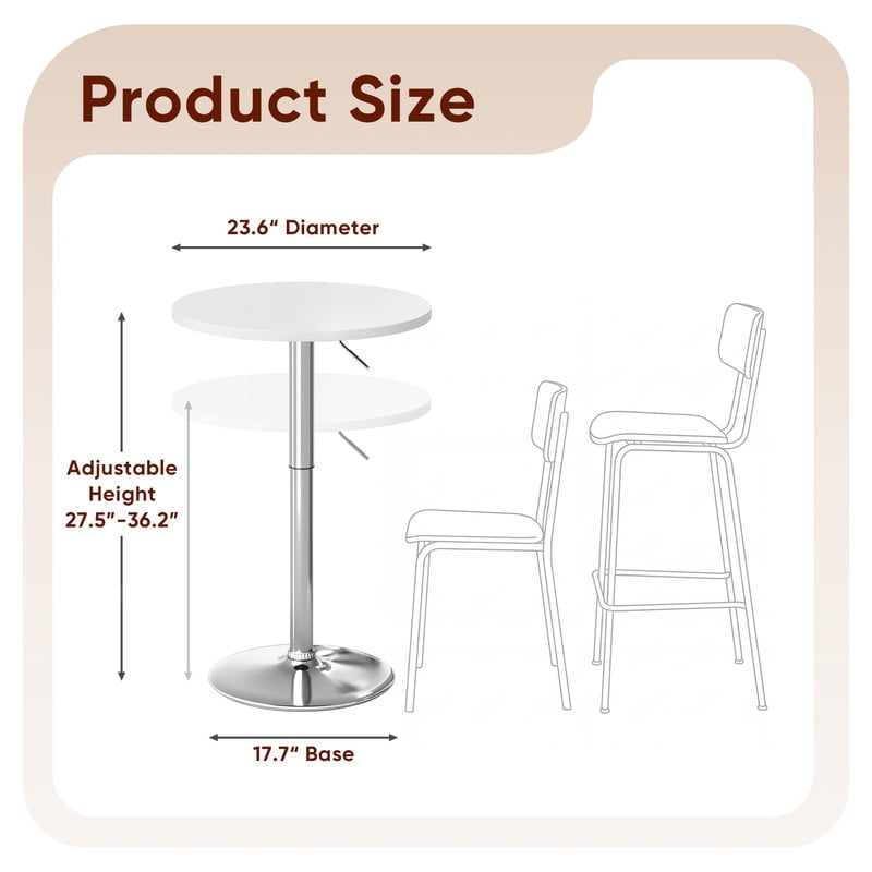 Lacoo 2 Pcs 23.6" Adjustable Round Bistro Pub Table, Swivel Pub Table with Metal Base for Home Bar, Kitchen, Dining Room, White/Sliver