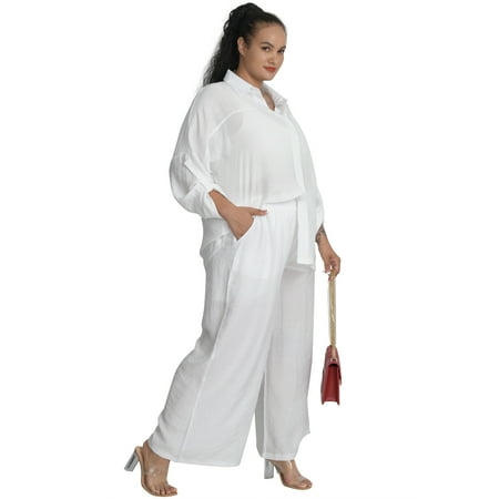

Junovo Women Pajamas Set Long Sleeves Button Shirts Outfit Casual Wear 2-Pieces Set White，4XL