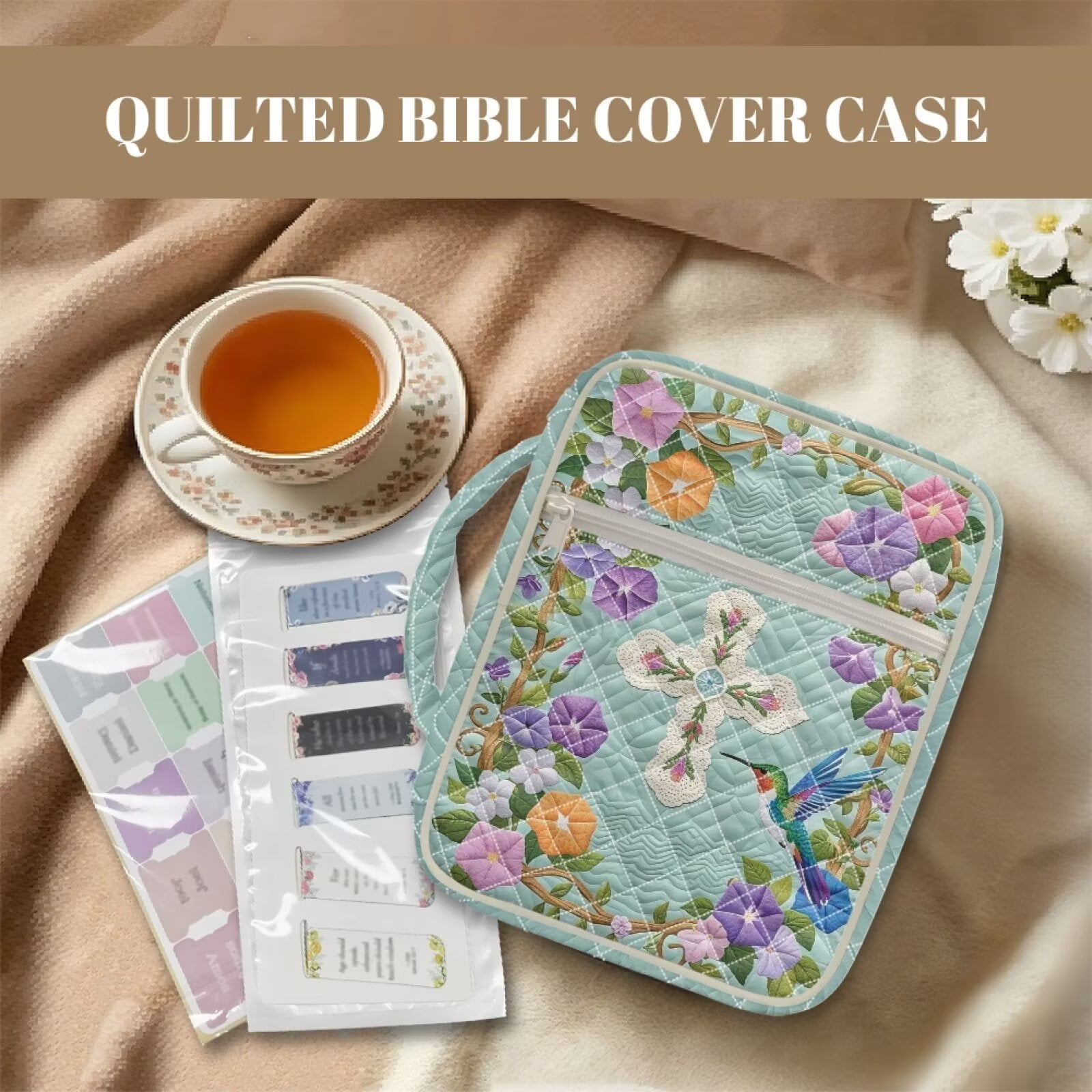 Pzuqiu Colorful Floral Cross Large Quilted Bible Cover Vintage Standard Size Book Cover with Handle and Pockets Carrying Cases Book Protector for Church, Study & Travel