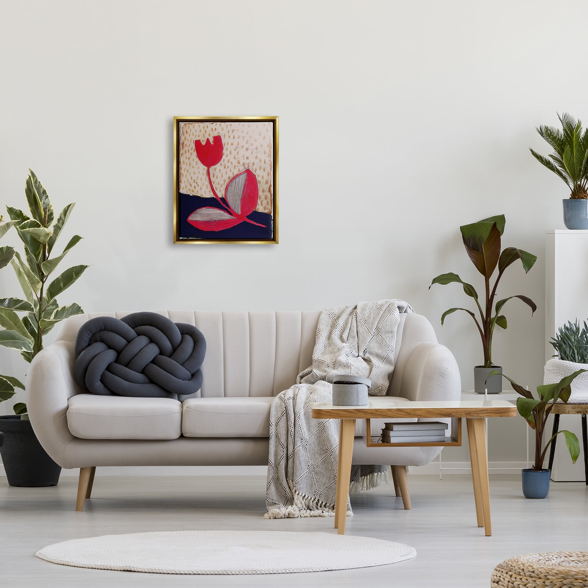 Stupell Industries Red Boho Flower Botanical & Floral Painting Gold Floater Framed Canvas Art Print Wall Art, 17 x 21