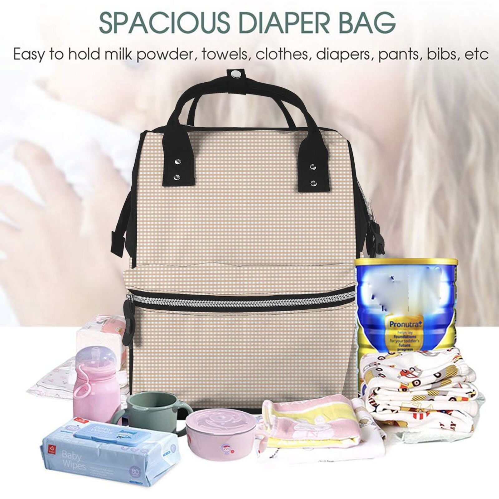 Defioc Brown Gingham for Baby Diaper Bag Backpack - Baby Bag for Boys & Girls - Diaper Backpack - Large Travel Diaper Bags- Baby Registry Search & Shower Gifts
